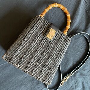 Wicker Clamshell style zara bag black with bamboo look handle modern
